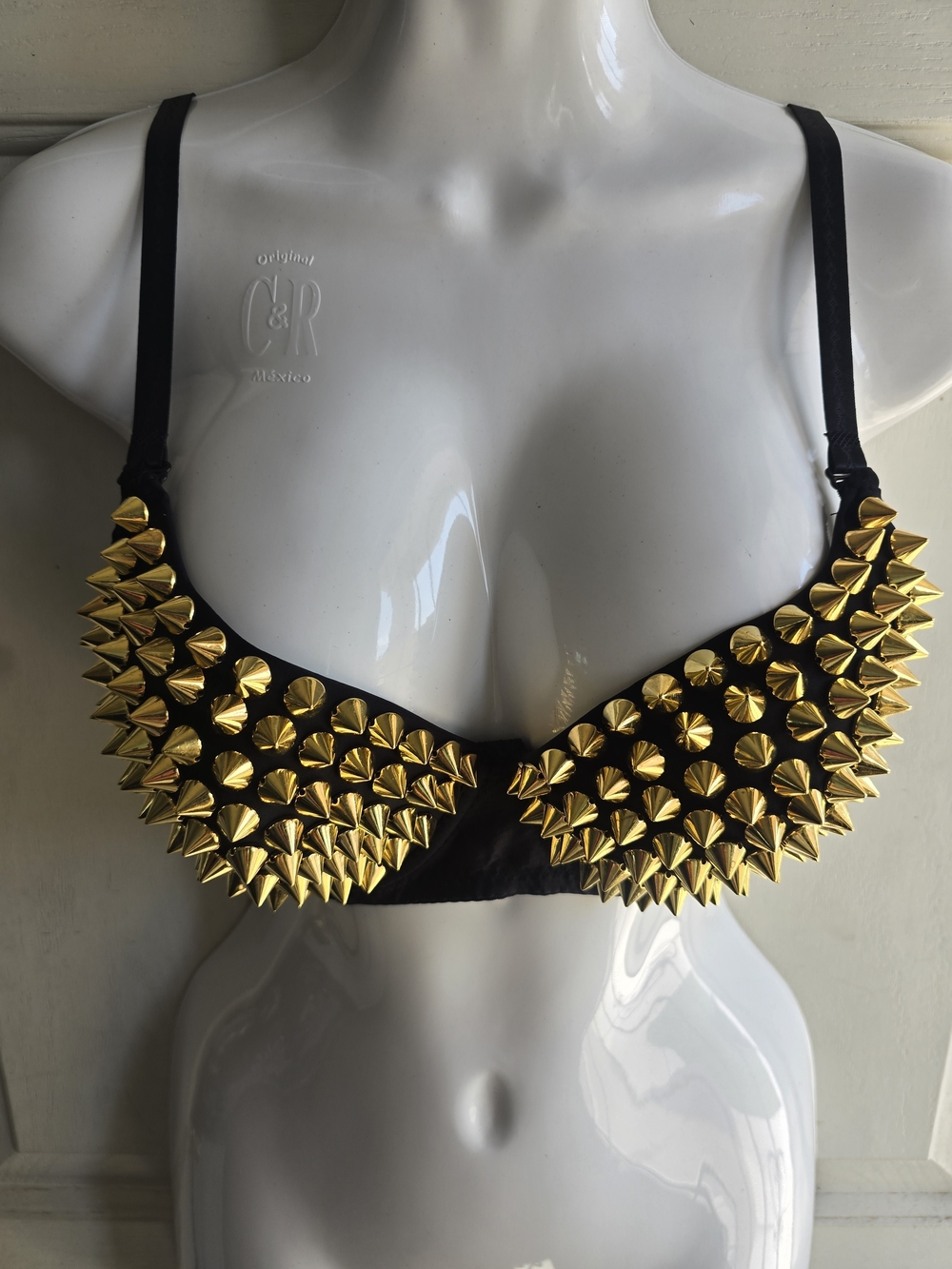 Black Bra with Gold Spike Studs